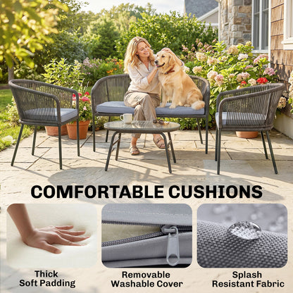 4 Piece Garden Furniture Set, Rope Garden Sofa Set with 1 Loveseat 2 Chairs Tempered Glass Table Cushions, Dark Grey