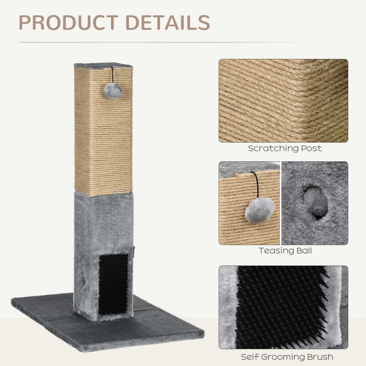 Cat Tree Scratching Post for Indoor Cats 79cm Jute Scratcher Climber w/ Carpet Base Dangling Toy – Grey