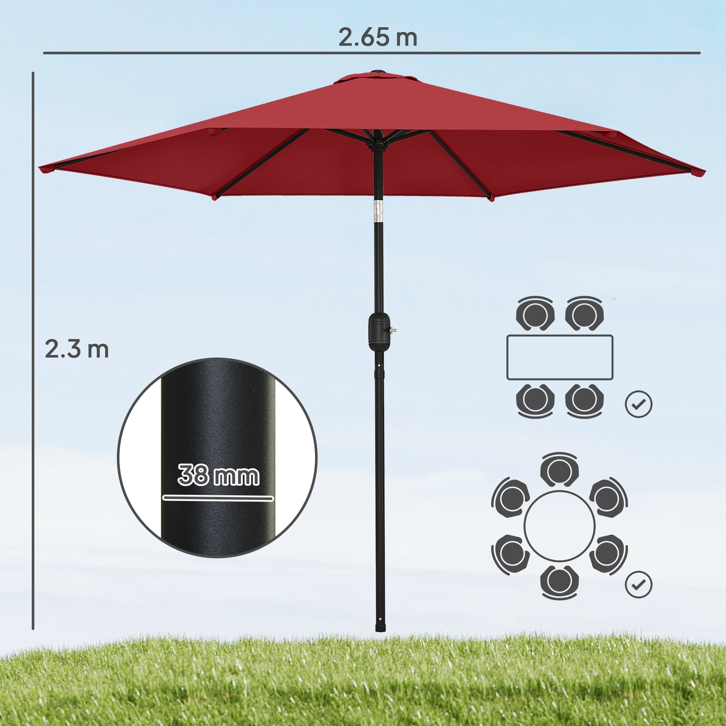 2.6 m Garden Parasol Umbrella with Aluminium Pole, Outdoor Patio Umbrella with Tilt and Crank, Vent, Wine Red