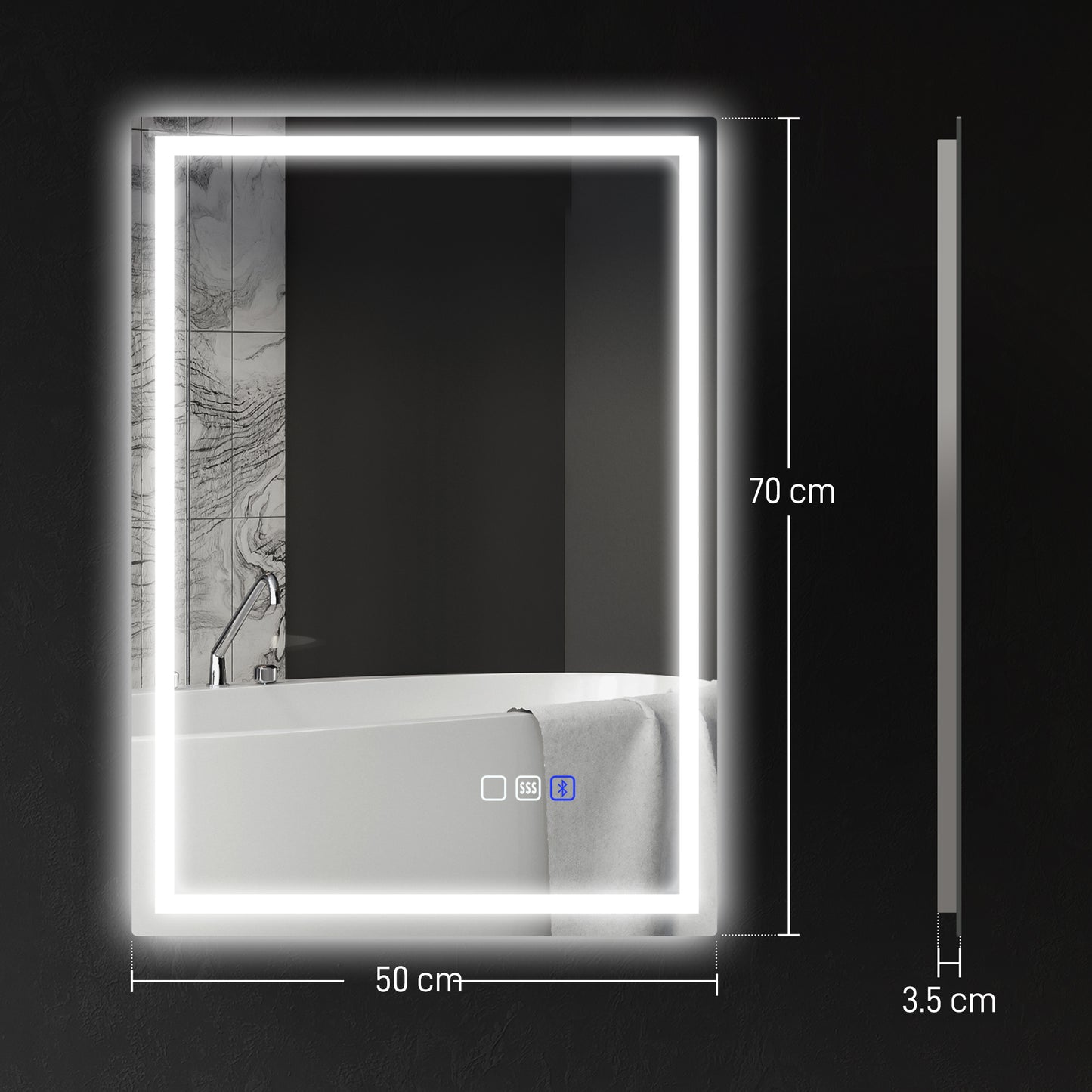 70 x 50 cm Bluetooth Bathroom Mirror - Silver-Tone