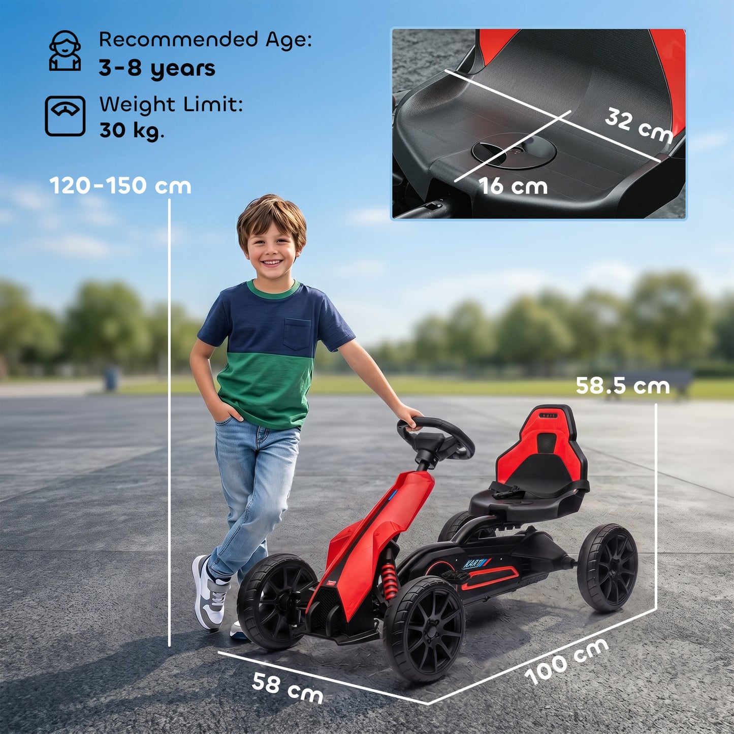 Kids Pedal Go Kart, with Adjustable Seat, EVA Wheels, Seat, Handbrake - Red