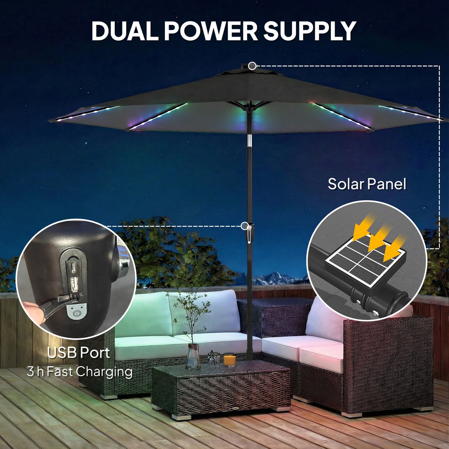 3 m Garden Parasol Umbrella with 112 Solar Powered LED Lights, Patio Umbrella with Crank Handle, Grey