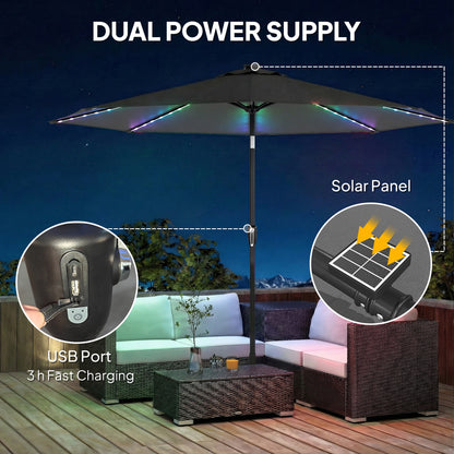 3 m Garden Parasol Umbrella with 112 Solar Powered LED Lights, Patio Umbrella with Crank Handle, Grey