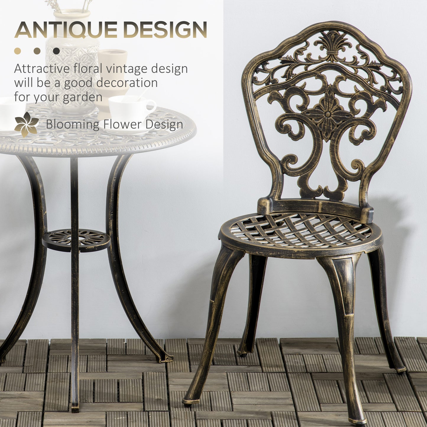 3 Piece Cast Aluminium Garden Bistro Set for 2 with Parasol Hole, Outdoor Coffee Table Set