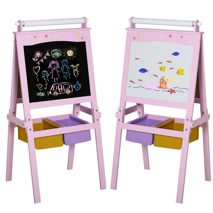 Kids Easel 3 in 1 Wooden Art Easel with Paper Roll Double-Sided Chalkboard & Whiteboard with Storage Baskets for Toddler Girl