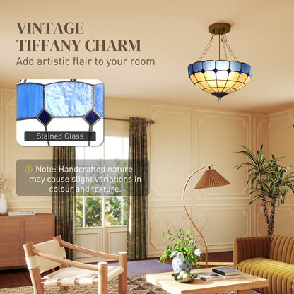 Tiffany Style Ceiling Light, Vintage Chandelier with 3 E27 Sockets, Semi Flush Mount for Living Room, Bulbs Not Included