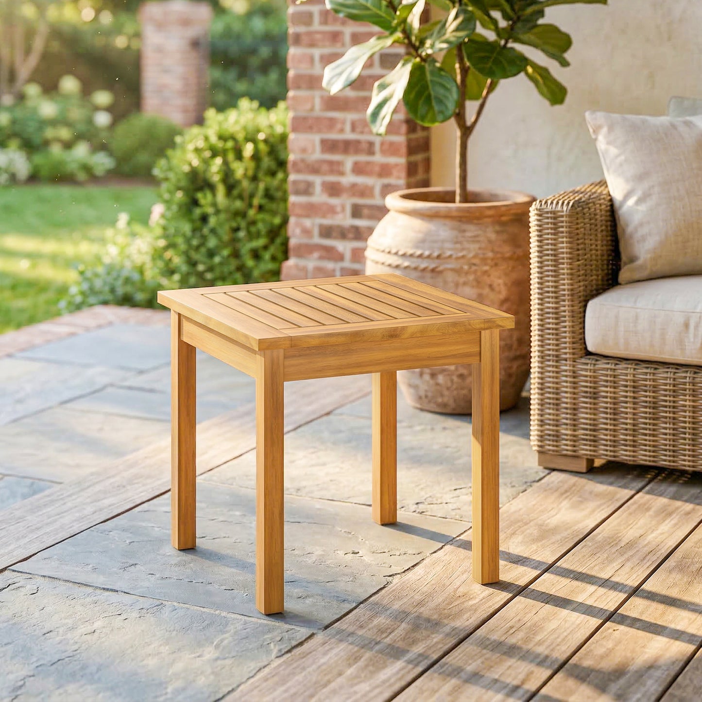 Coffee Table Fully Assembled Patio Side Table Slatted Top Solid Acacia Wood for Indoor Outdoor Natural Wood