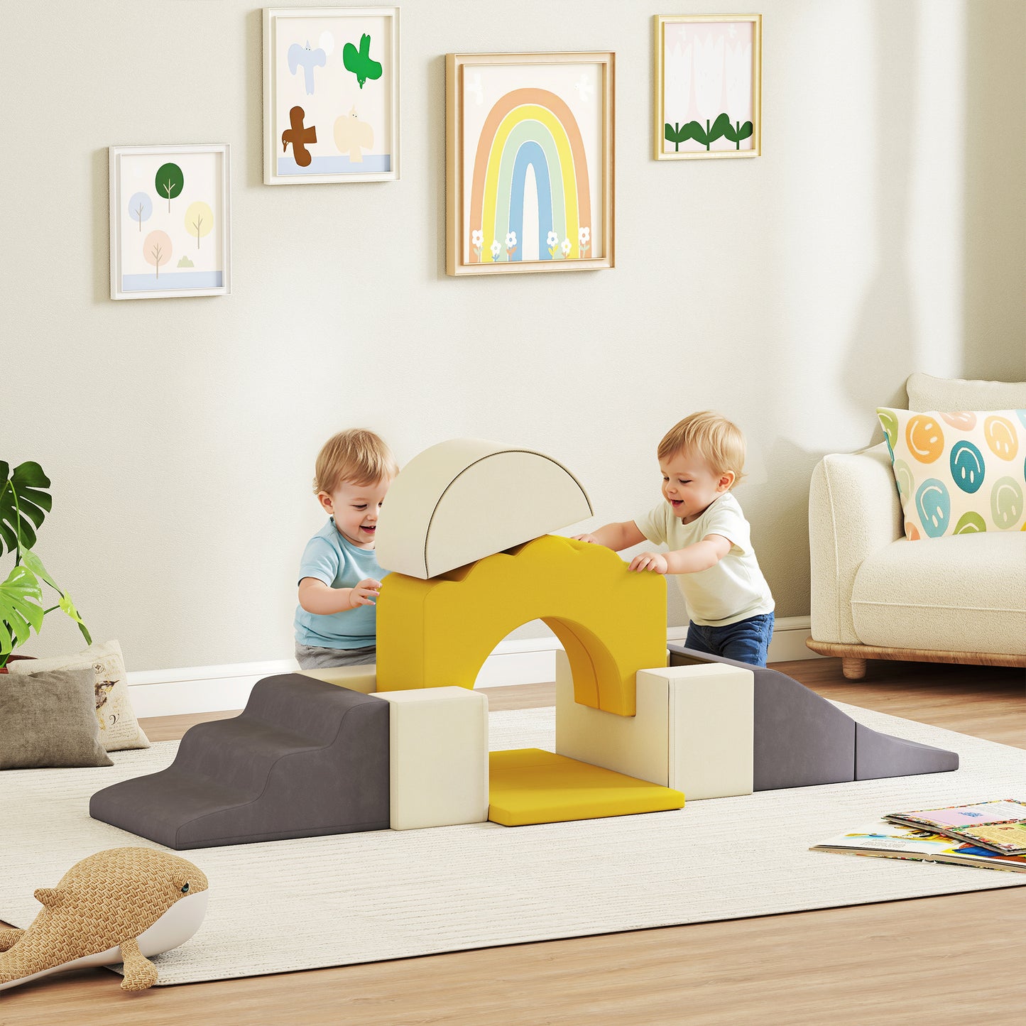 7 Piece Kids Soft Play Set with Detachable Cover, Baby Indoor Climb and Crawl Foam Toy for Toddlers, Yellow