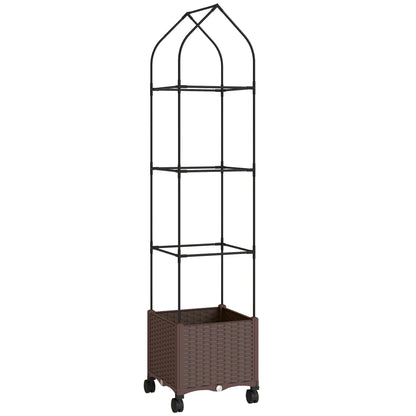 Raised Garden Bed with Trellis, Tomato Cage with Lockable Wheels, Self Watering Planter Box with Drainage Holes, Brown