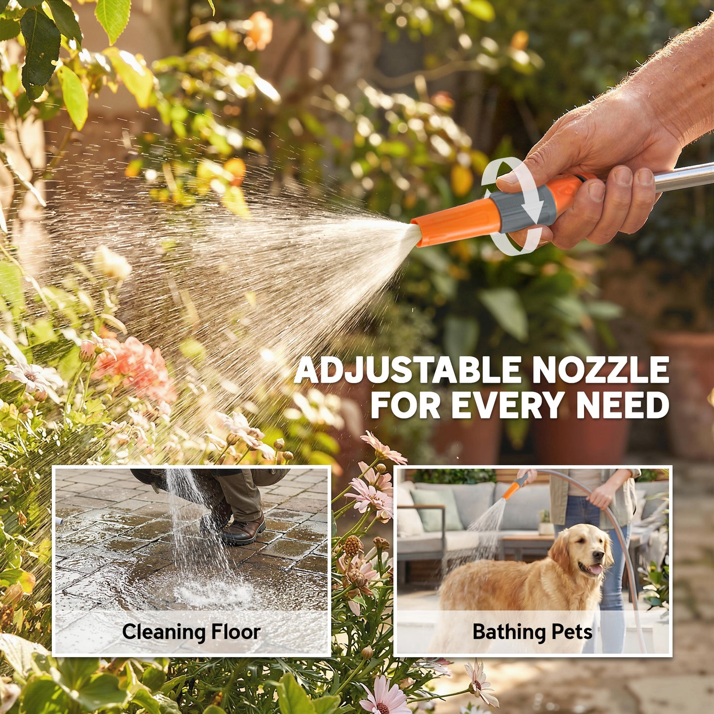 Hose Reel Cart with Wheels, 45+2m Garden Hose Reel with 2 Patterns Nozzle, Faucet Adaptors and Rewind Handle, Orange