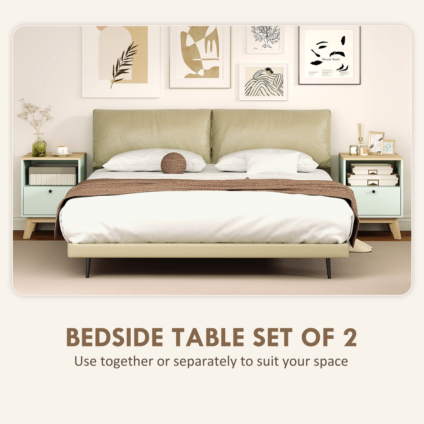 Modern Nightstand Set of 2, Bedside Table with Drawer and Open Shelf, Side End Table for Bedroom, Light Green