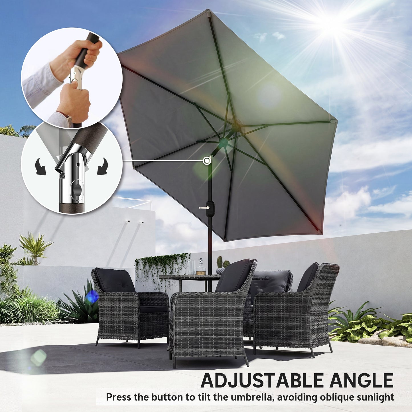 2.6 m Garden Parasol Umbrella with Aluminium Pole, Outdoor Patio Umbrella with Tilt and Crank, Vent, Grey