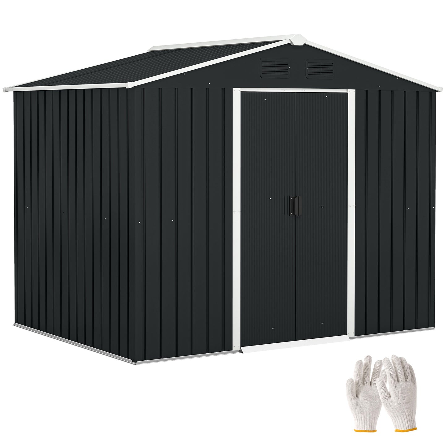 7.7 x 5.7ft Metal Garden Shed, Galvanised Outdoor Tool Storage House with Ventilation Slots and Sliding Doors, Grey