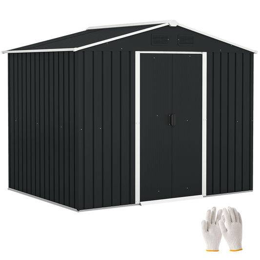 7.7 x 5.7ft Metal Garden Shed, Galvanised Outdoor Tool Storage House with Ventilation Slots and Sliding Doors, Grey