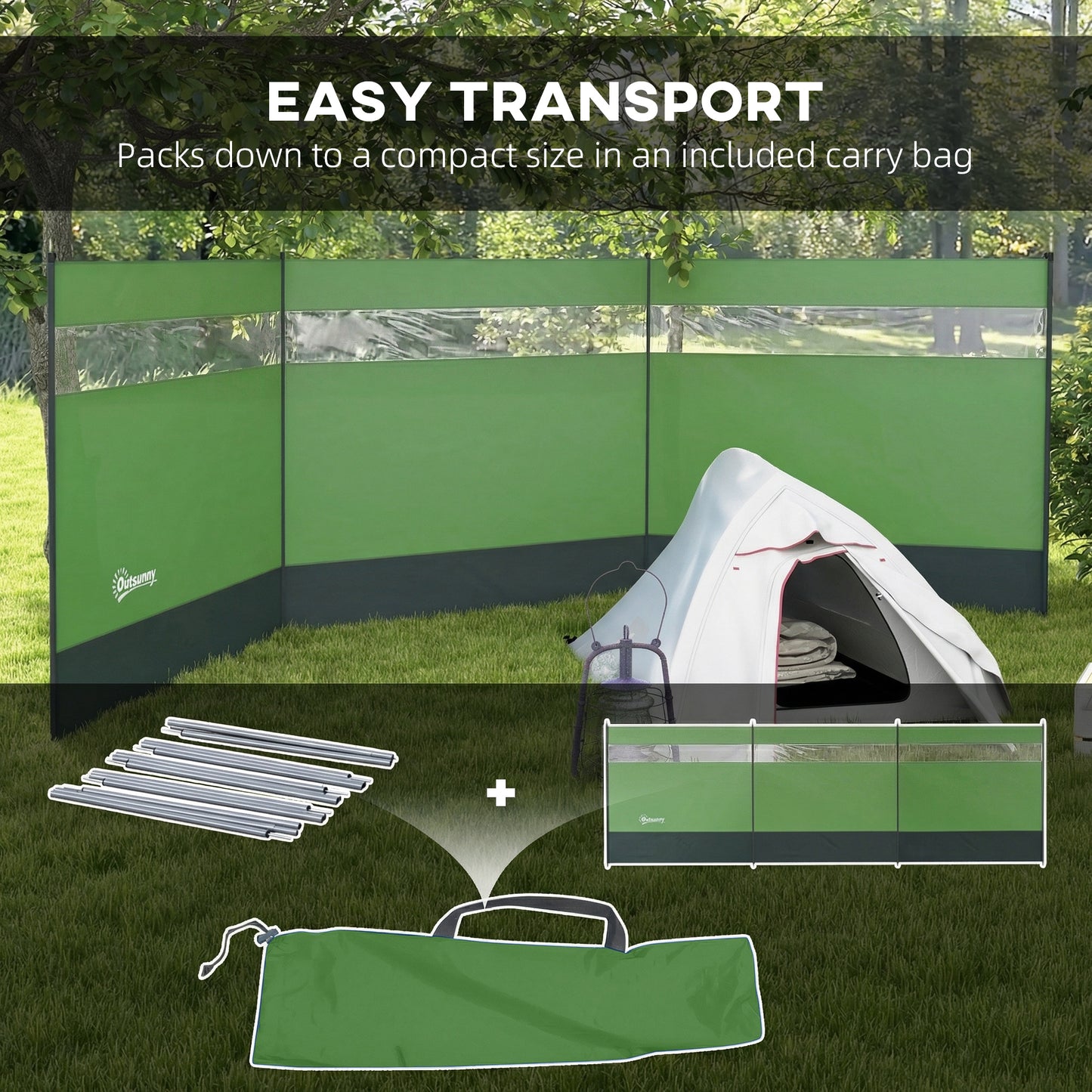 Camping Windbreaker with Clear Windows, Carry Bag and Steel Poles, for Beach Caravan Campervan, 440 x 140cm, Army Green