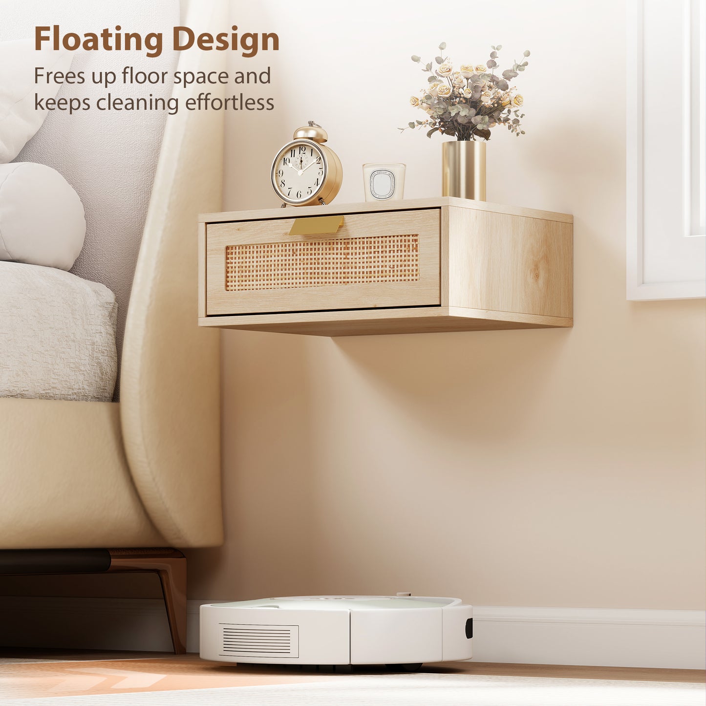 Floating Bedside Tables Set of 2, Wall Mounted Bedside Cabinets with Rattan Drawer and Wood Effect, Oak