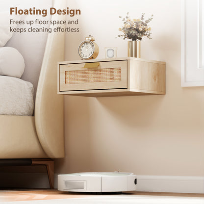 Floating Bedside Tables Set of 2, Wall Mounted Bedside Cabinets with Rattan Drawer and Wood Effect, Oak
