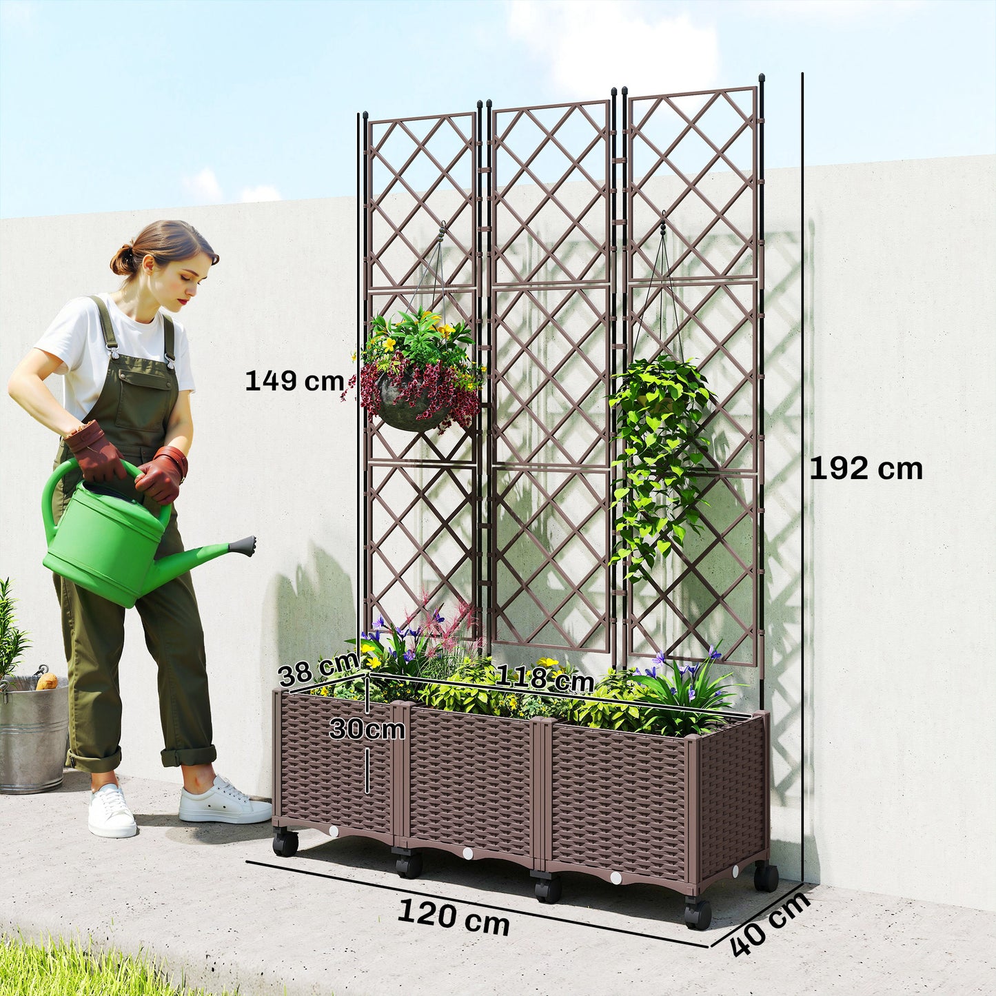 Plastic Raised Planter with Trellis, Self Watering Raised Bed for Garden with Wheels, Drainage Holes and Plugs