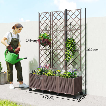 Plastic Raised Planter with Trellis, Self Watering Raised Bed for Garden with Wheels, Drainage Holes and Plugs