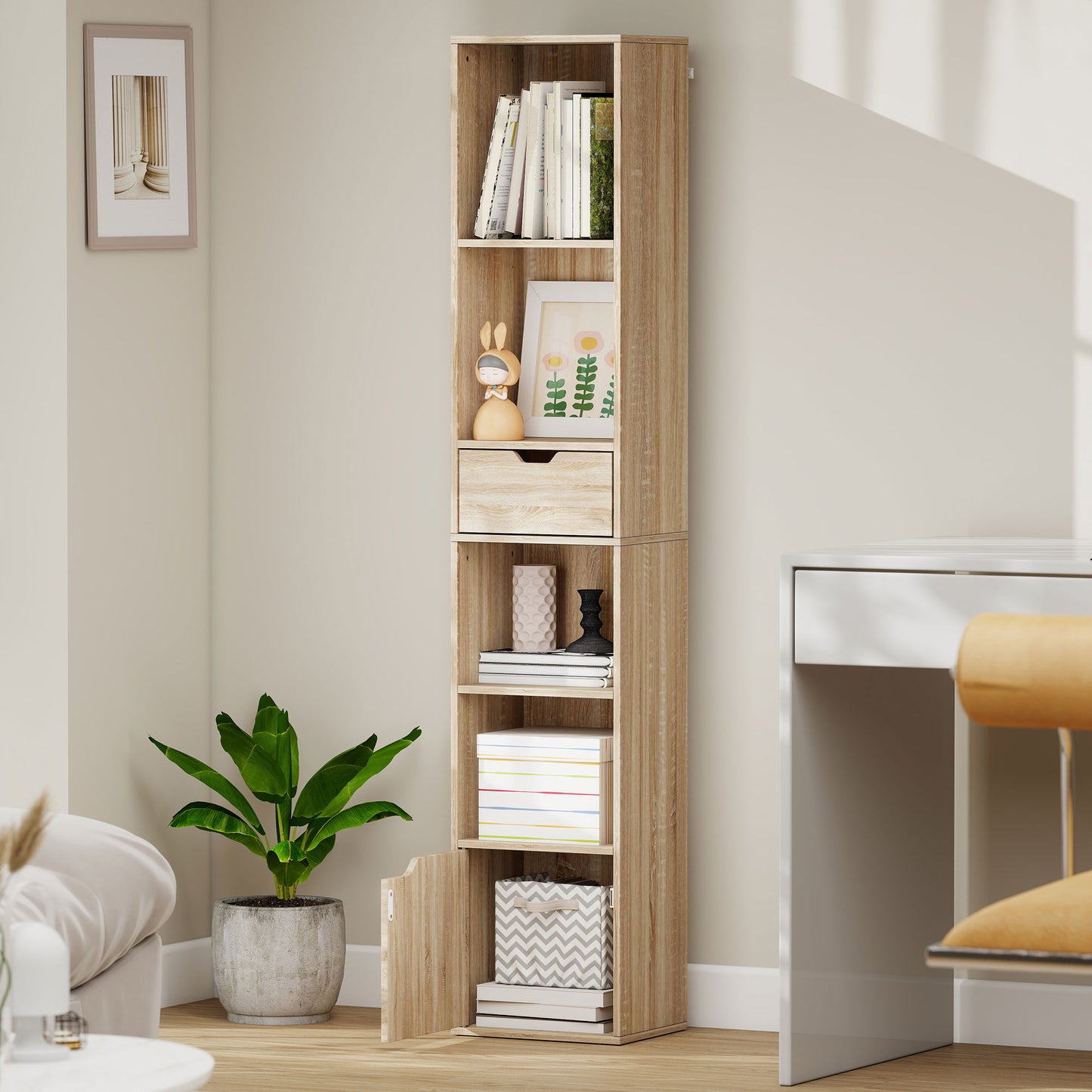 6-Tier Bookcase, Tall Narrow Bookshelf with Drawer and Door - Natural Wood Finish