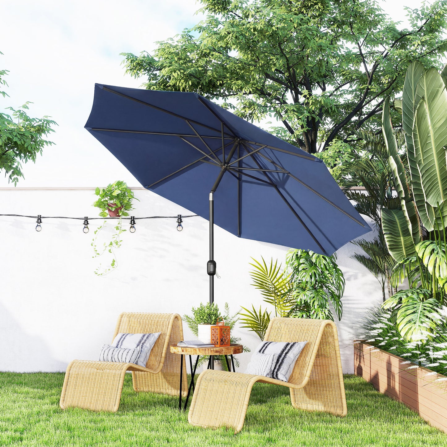 3 m Garden Parasol Umbrellas, Outdoor Sun Shade with 8 Ribs, Tilt and Crank Handle, Navy Blue