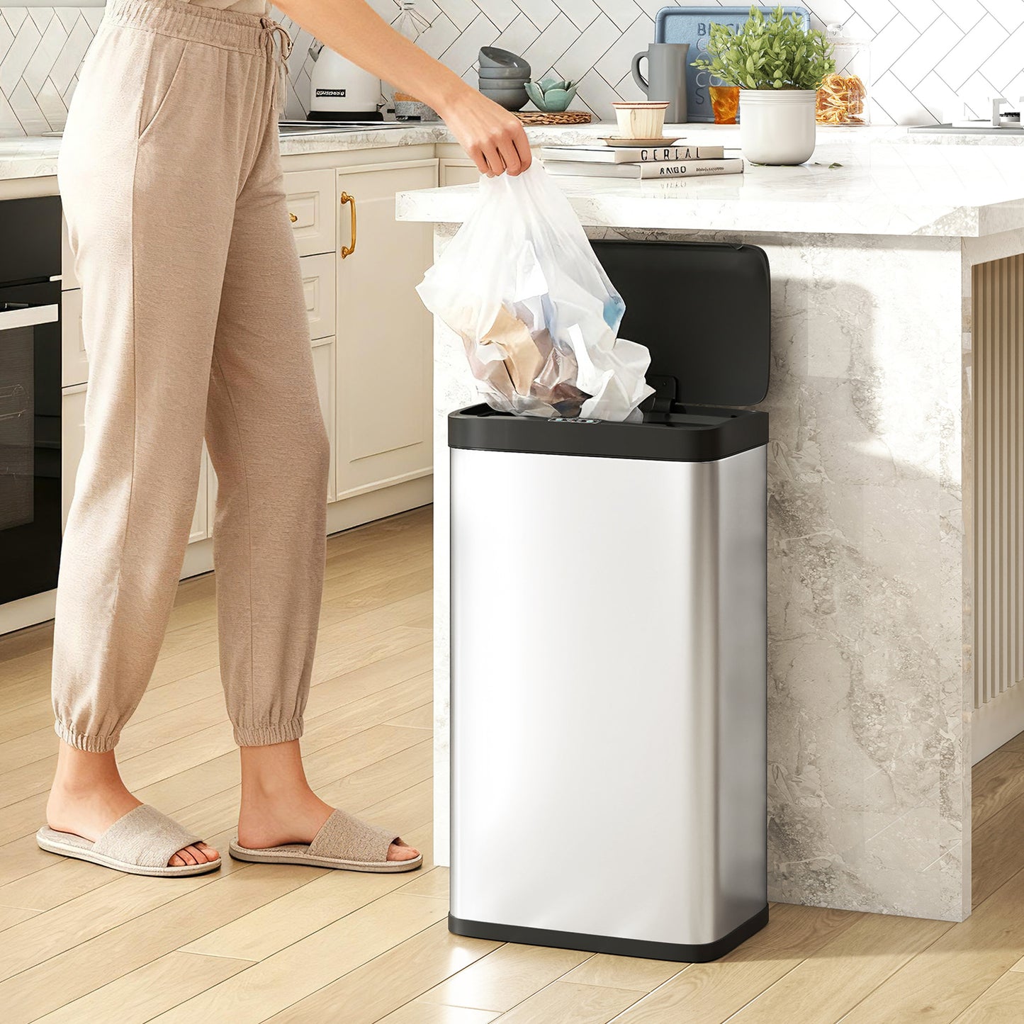 45L Stainless Steel Sensor Bin - Silver Tone