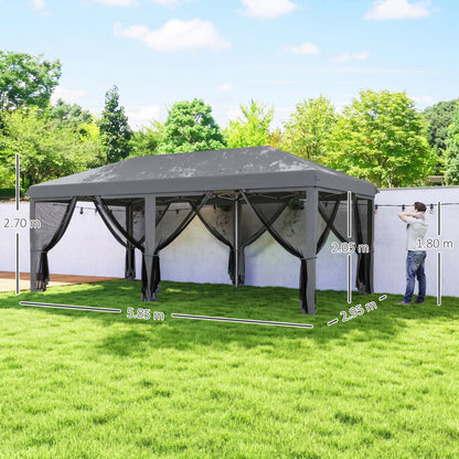 3 x 6m Pop Up Gazebo, Outdoor Canopy Shelter, Marquee Party Wedding Tent with 6 Mesh Walls and Carry Bag, Grey