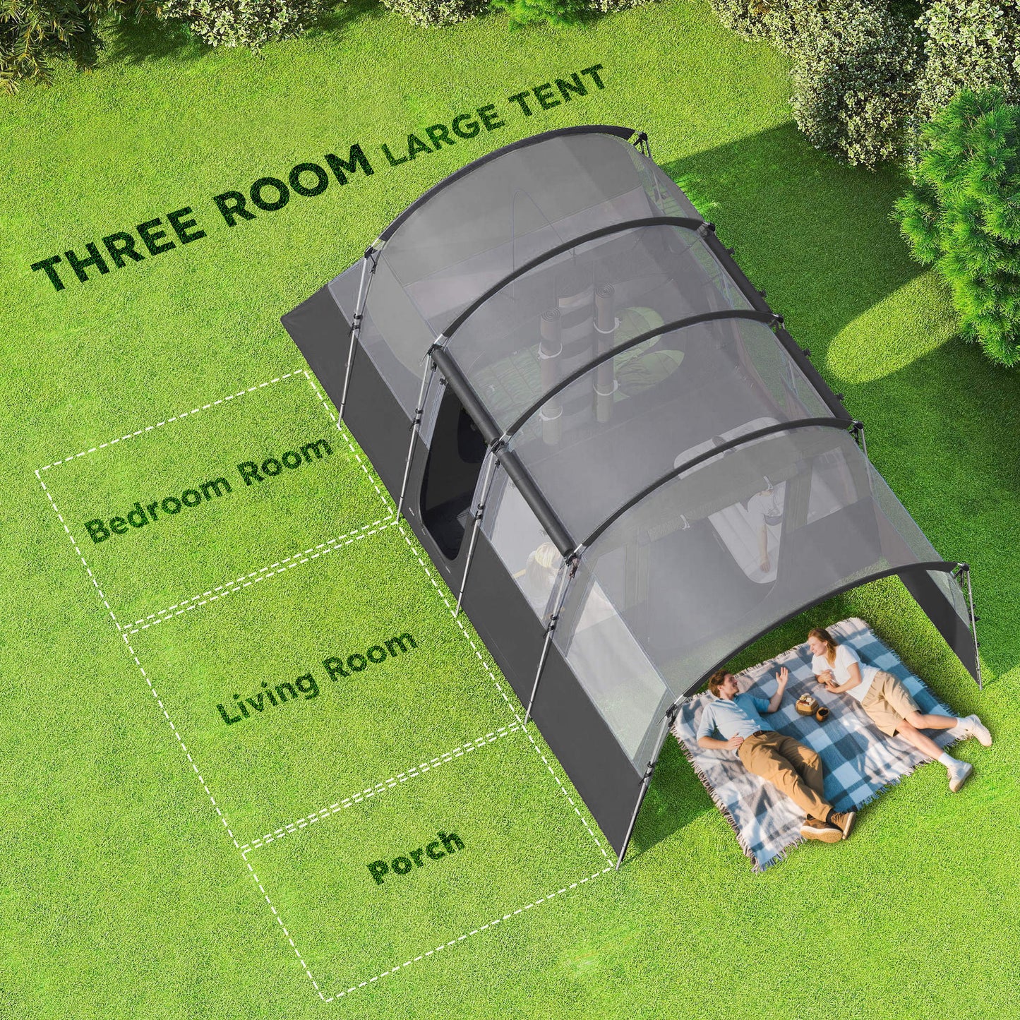 4 Person Camping Tent, Waterproof Family Tent, Tunnel Design, 4 Large Windows, Sleeping Cabins 3000mm Water Column Grey