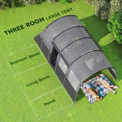 4 Person Camping Tent, Waterproof Family Tent, Tunnel Design, 4 Large Windows, Sleeping Cabins 3000mm Water Column Grey