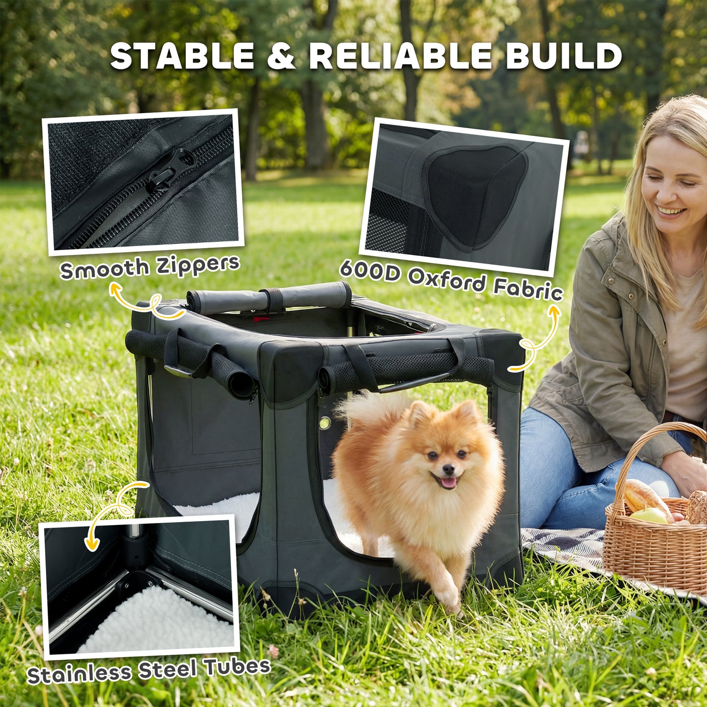 Soft Dog Crate Pet Travel Crate 60 x 42 x 43 cm with Removable Pad Mesh Window Army Green