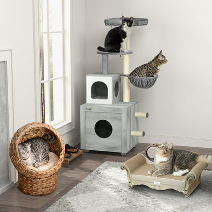 Enclosed Cat Litter Box with Cat House, Cat Bed, Scratching Posts, Platforms, for Indoor Cats - Grey