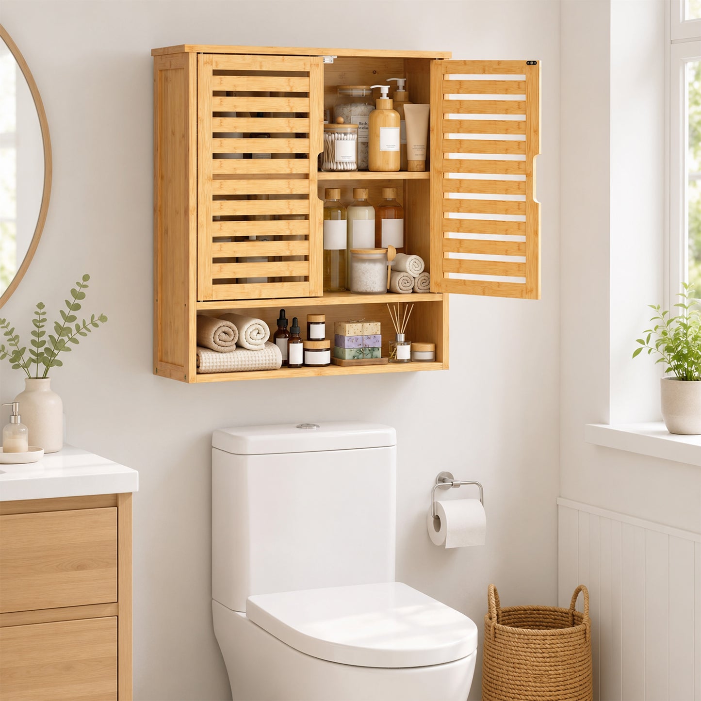 Bathroom Wall Cabinet, Wall Mounted Bathroom Cabinet with 2 Louvered Doors, Open Shelf and Adjustable Shelf Storage