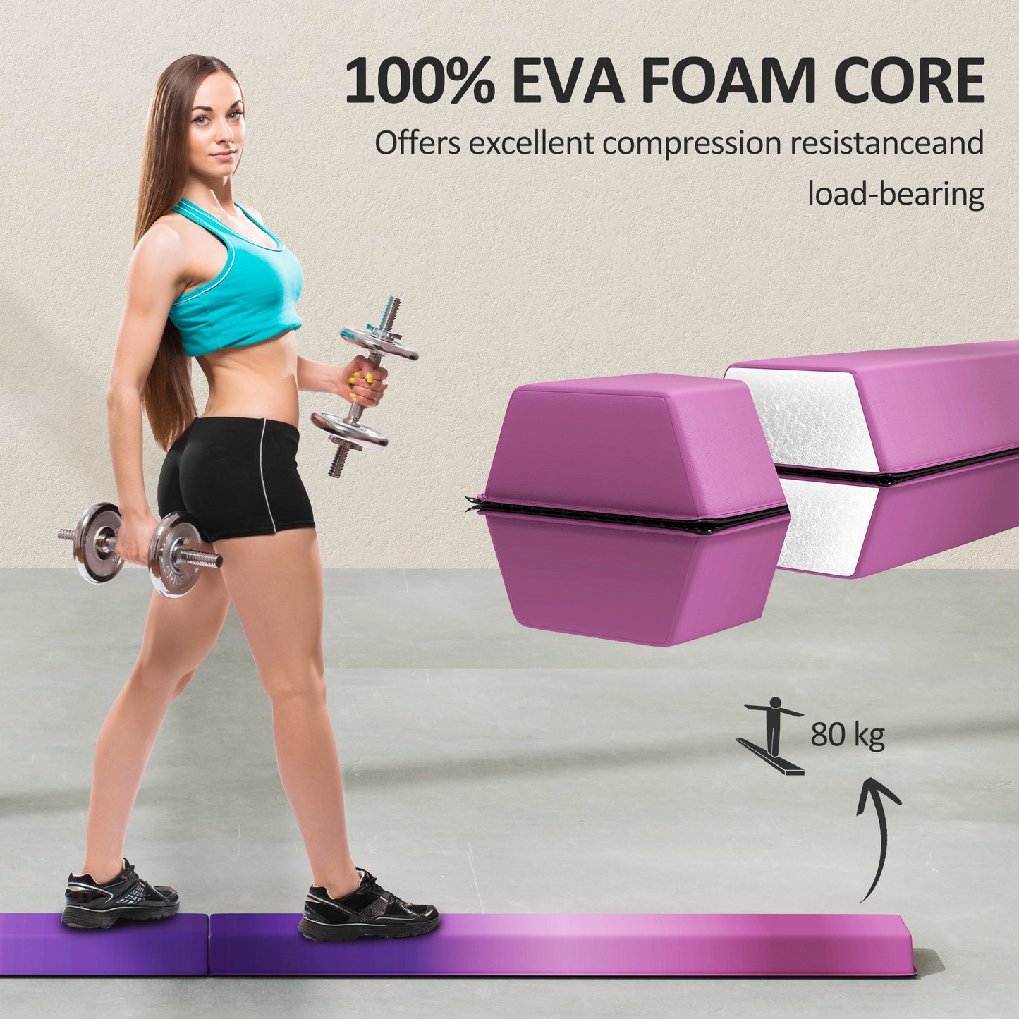 7.7ft Folding Gymnastics Beam, Floor Balance Beam for Kids with Anti-Slip Base, Gymnastics Equipment for Home, Purple