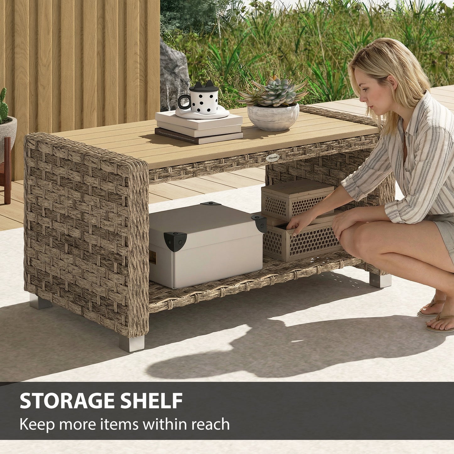 Outdoor Coffee Table with Storage Shelf, PE Rattan Side Table with Slatted Top and Foot Pads, Light Brown