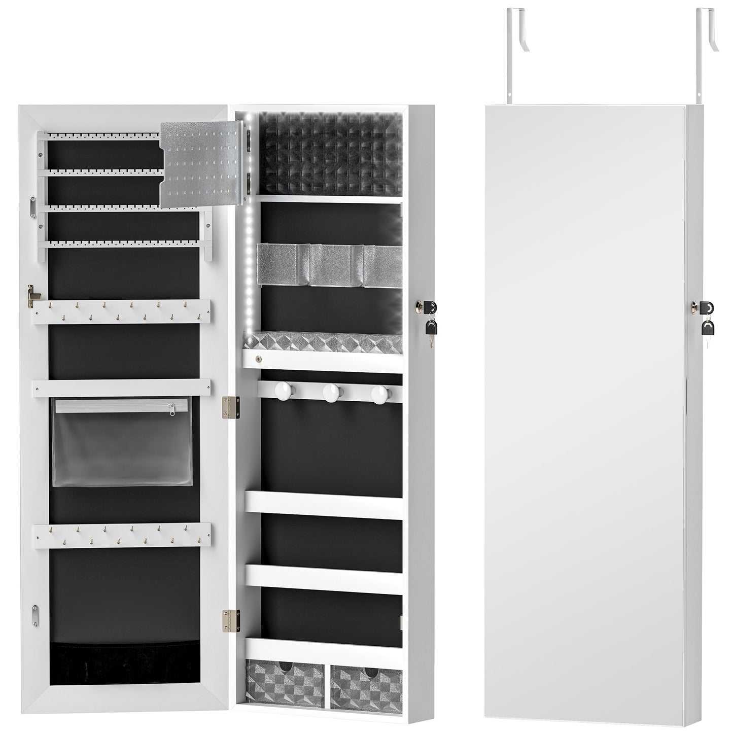 108 x 37cm Lockable Jewellery Cabinet, with LED Lights - White Surface and Black Lining