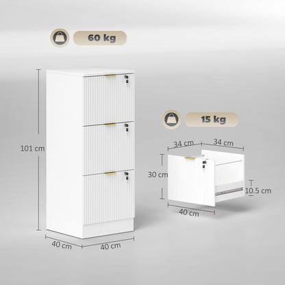 Filing Cabinet, Fluted Vertical File Cabinet with 3 Lockable Drawers and Hanging Rails, White
