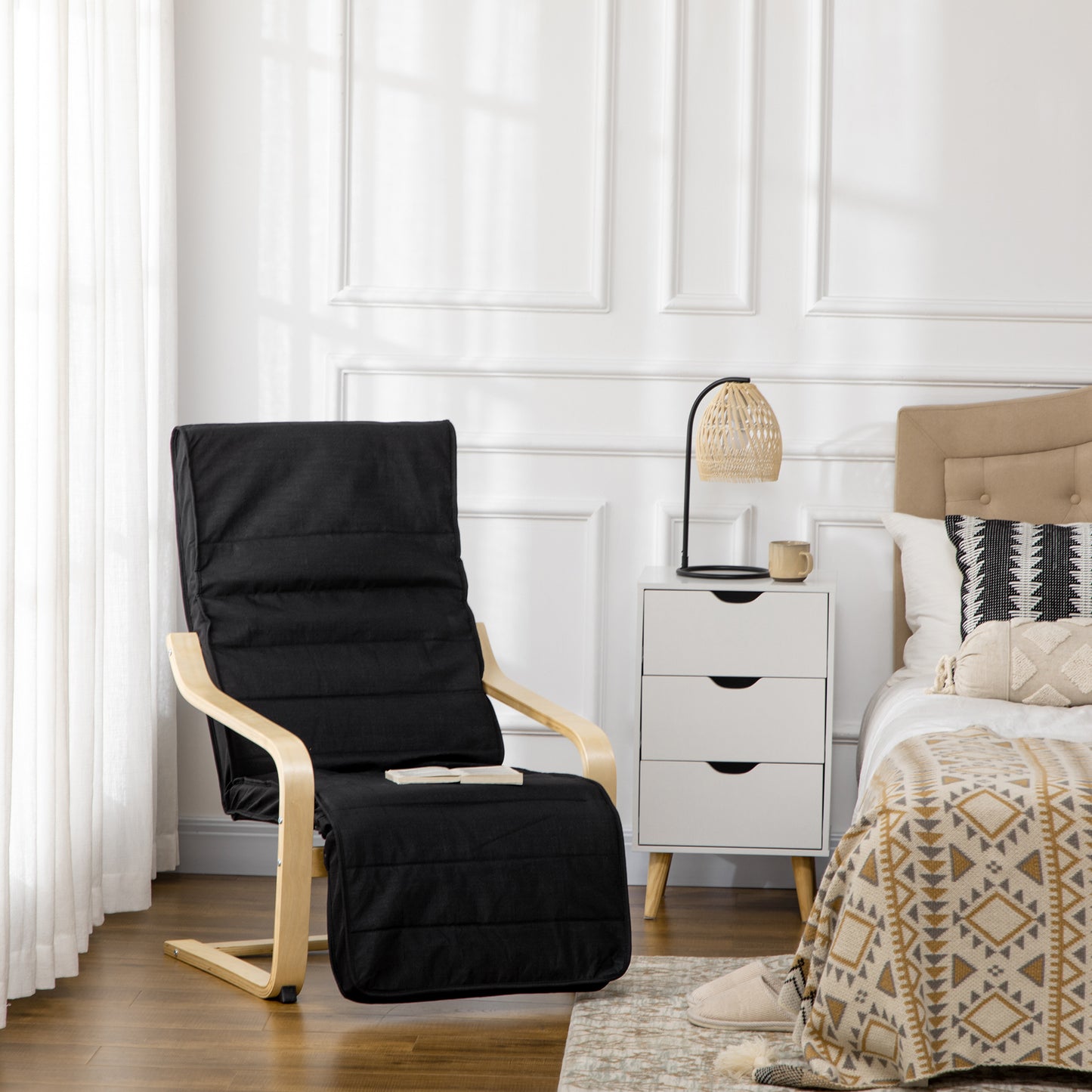 Wooden Armchair, Upholstered Linen Lounge Chair with Adjustable Footrest & Removable Cushion, Poang Chair for Living Room