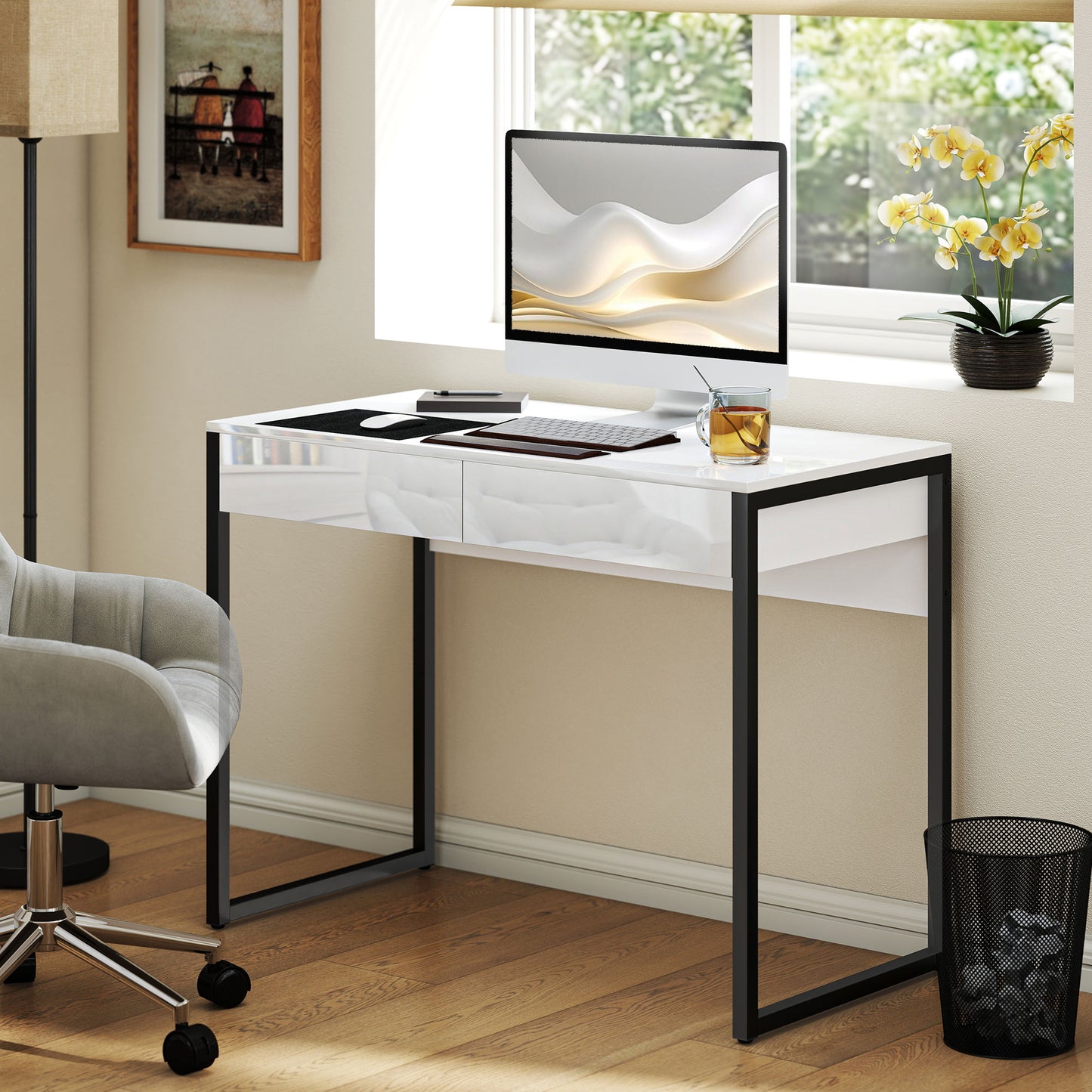 High Gloss Work Table, with Drawers - White