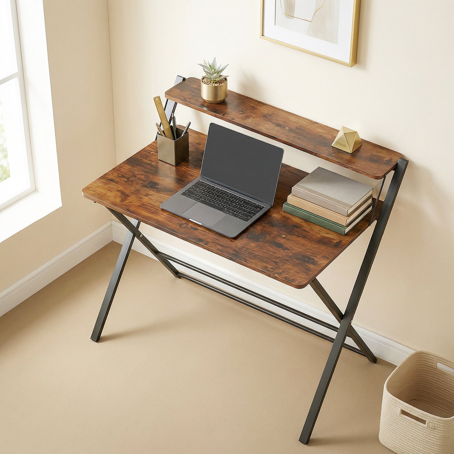 Compact Folding Desk for Small Spaces with Storage Shelf for Home Office, Rustic Brown