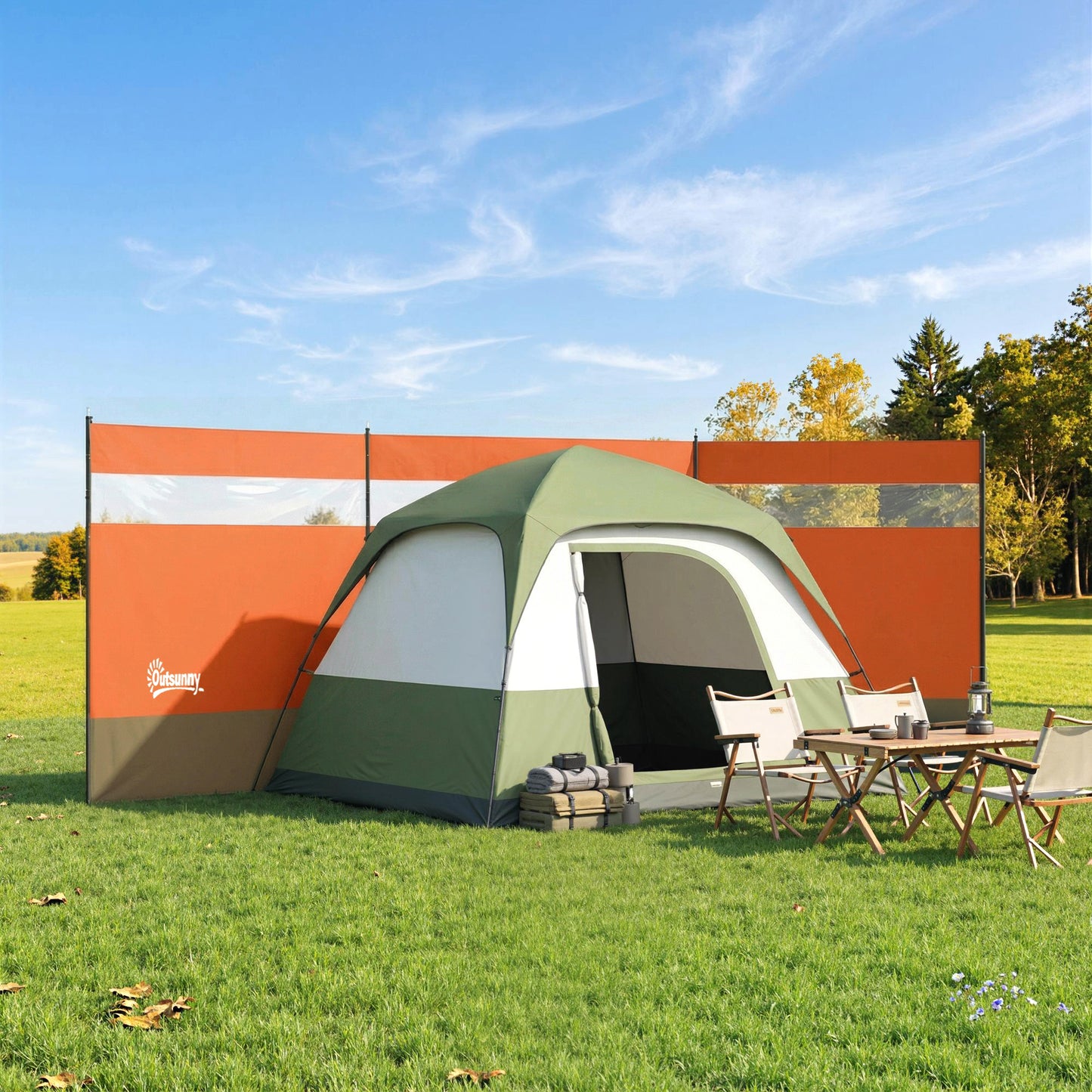Camping Windbreaker with Clear Windows, Carry Bag and Steel Poles, for Beach Caravan Campervan, 440 x 140cm, Orange
