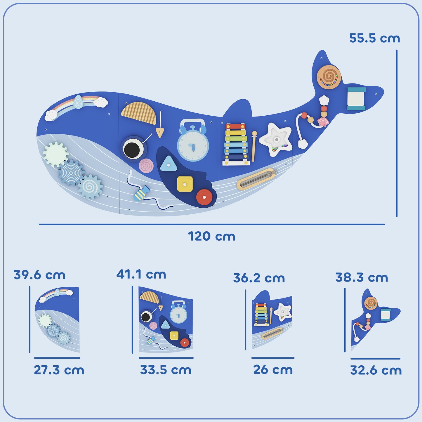 Whale Activity Wall Busy Board, 13 in 1 Montessori Inspired Sensory Wall Panel for Playroom Nursery Boys Girls 2+, Blue
