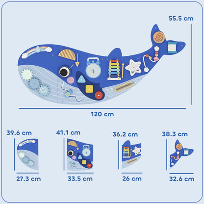 Whale Activity Wall Busy Board, 13 in 1 Montessori Inspired Sensory Wall Panel for Playroom Nursery Boys Girls 2+, Blue
