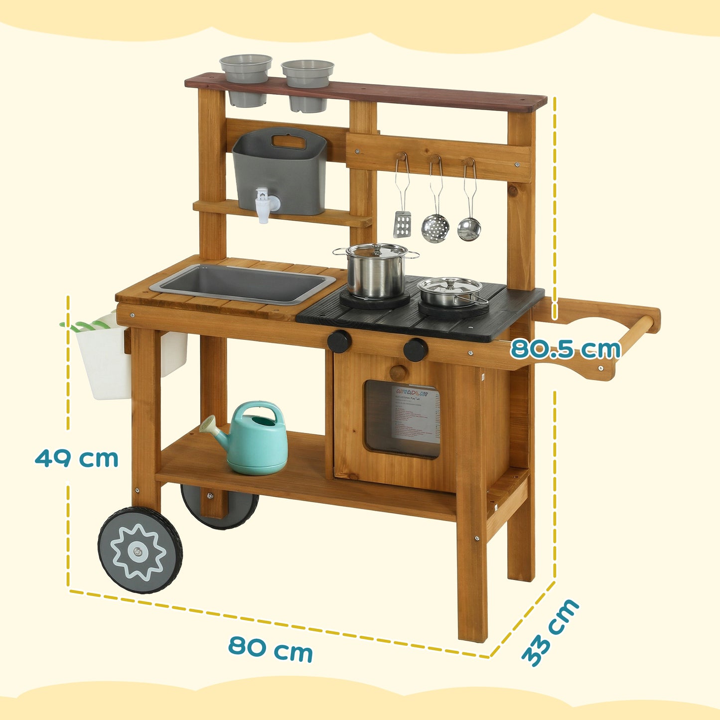 Wooden Mud Kitchen with Wheels, Stove, Faucet, Flower Pots, Stainless Steel Accessories for Toddlers 3-6, Brown