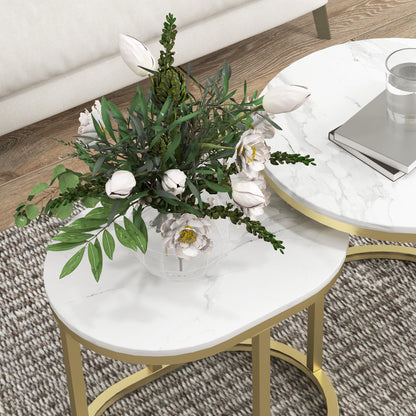 Nest of Tables with Steel Frame and Faux Marble Tabletop, Modern Coffee Table Set of 2, Gold Tone/White