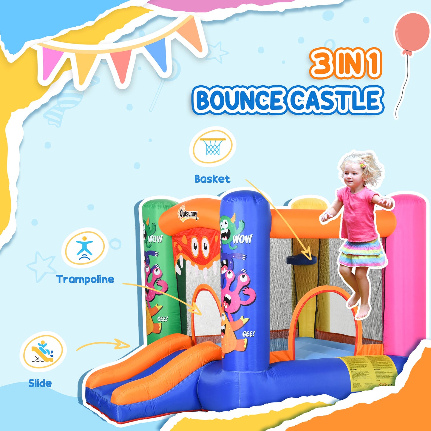Bouncy Castle Inflatable Basket Trampoline Slide Monster Design for Kids Age 3-8, Blue