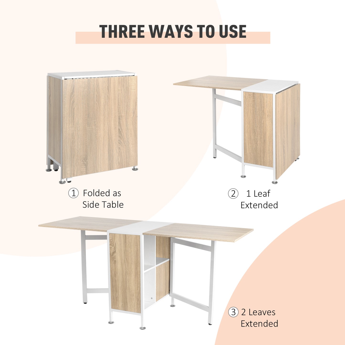 Foldable Drop Leaf Dining Table Folding Workstation for Small Space with Storage Shelves Cubes Oak & White