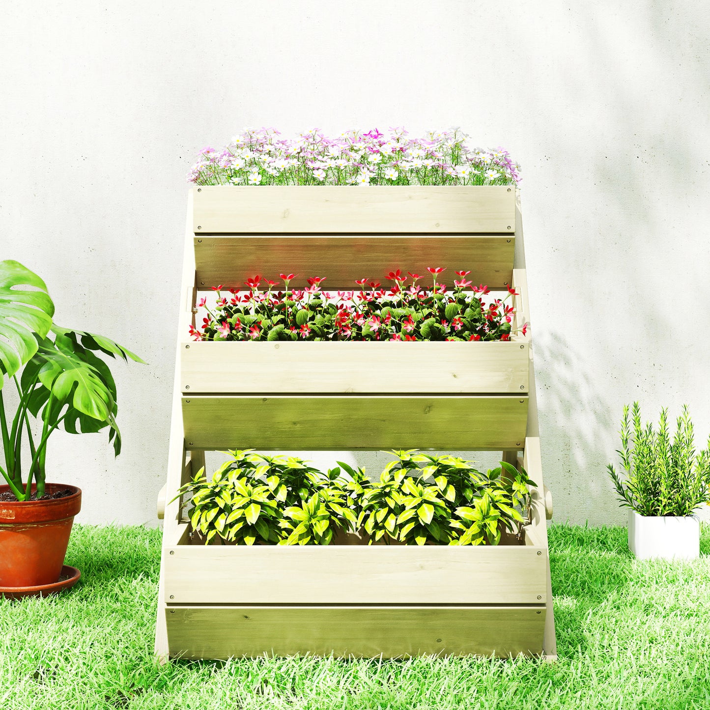 3 Tier Raised Garden Bed Wooden Elevated Planter Box Kit, 66L for Flower, Vegetable, Herb, 65x75x78cm, Green