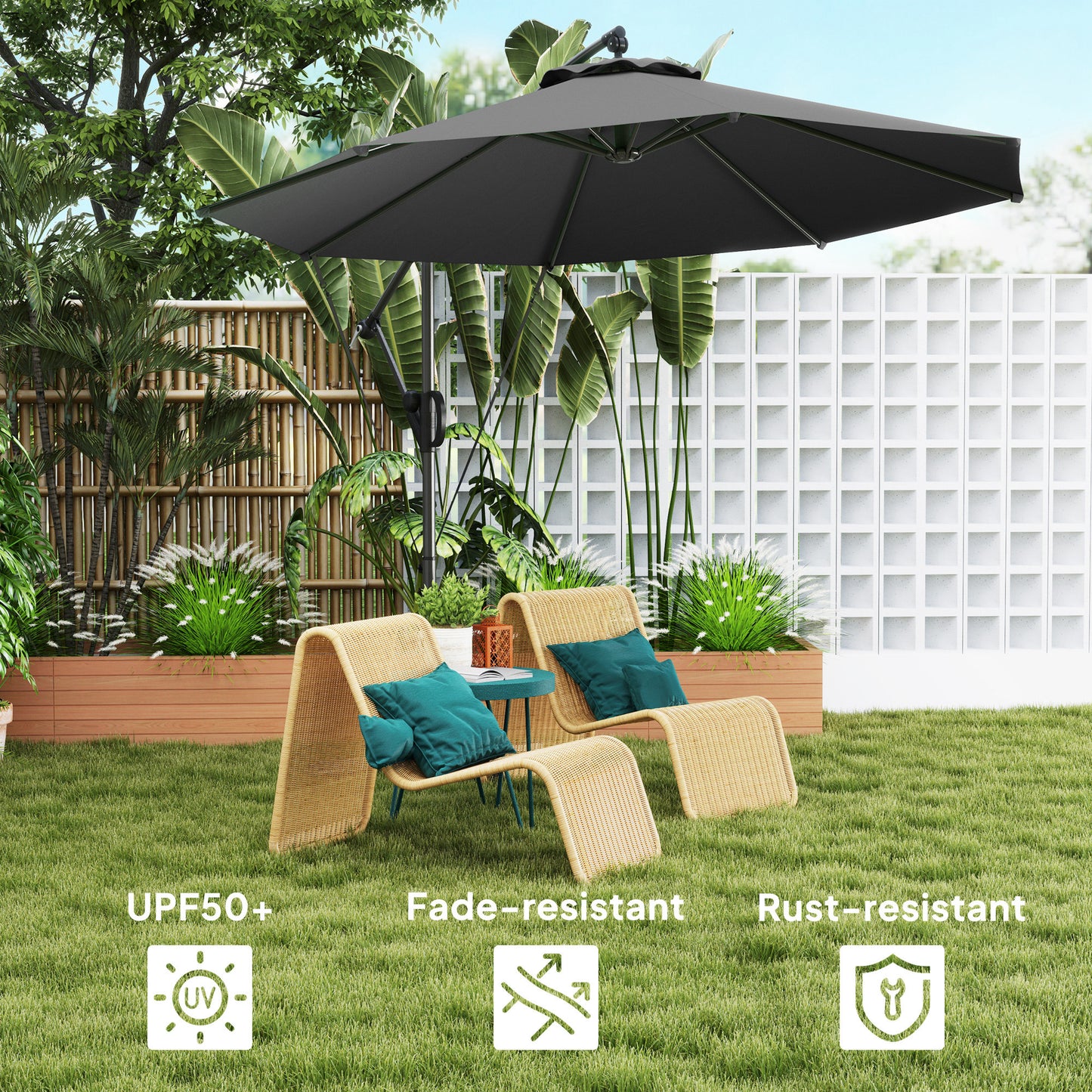 3(m) Garden Cantilever Parasol with Cover and Wind Protection Strap, Round Overhanging Umbrella with Crank Handle and Tilt