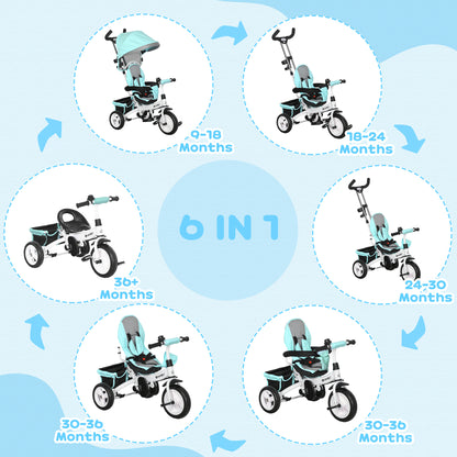 6 in 1 Kids Trike Push Bike w/ Push Handle, Canopy, 5-point Seat Belt, Storage, Footrest, Brake, for 1-5 Years, Green
