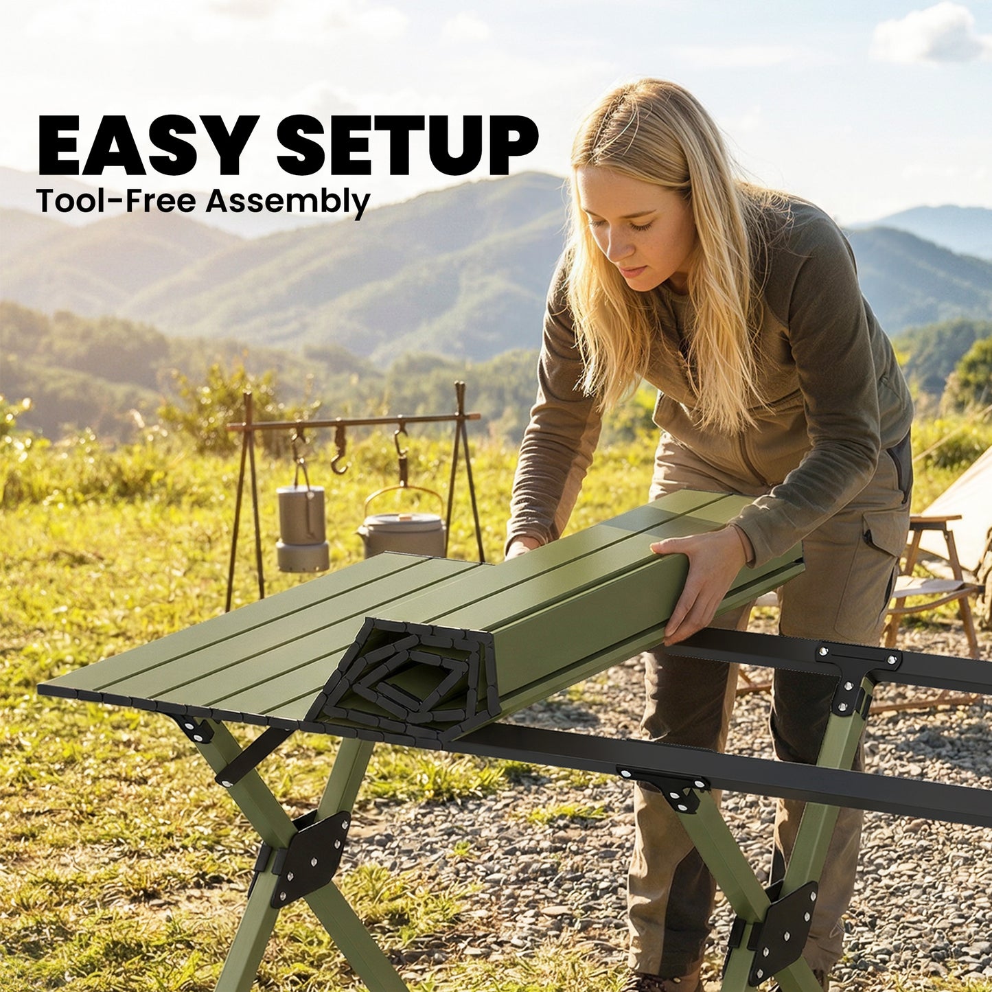 4ft Folding Camping Table, Waterproof Picnic Table with Roll Up Top, Carrying Bag and Metal Frame, Green